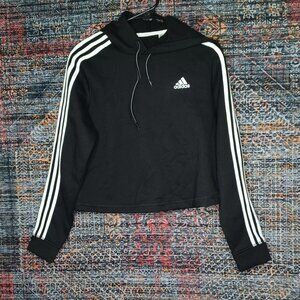 adidas womens black an white striped sleeves lined crop hoodie S